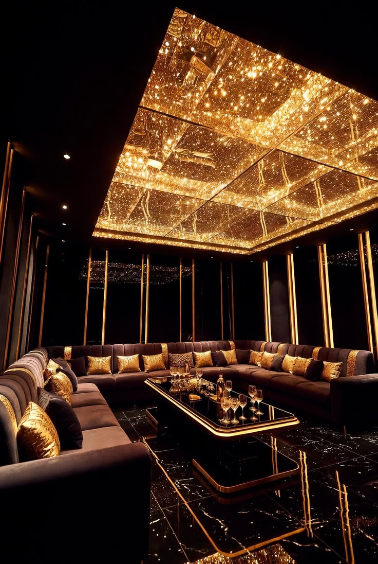 Phòng VIP Karaoke Raptor với trần phản chiếu ánh vàng
